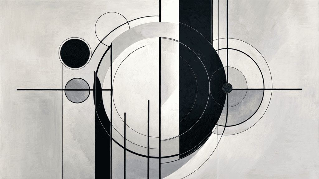 Fundo geométrico abstrato em preto, branco e cinza com círculos e linhas finas, estilo minimalista e moderno.