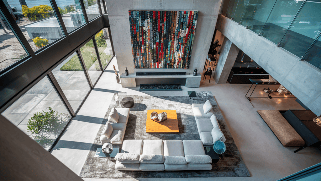 1. Interiores de casa moderna com sala de estar ampla e janelas grandes.