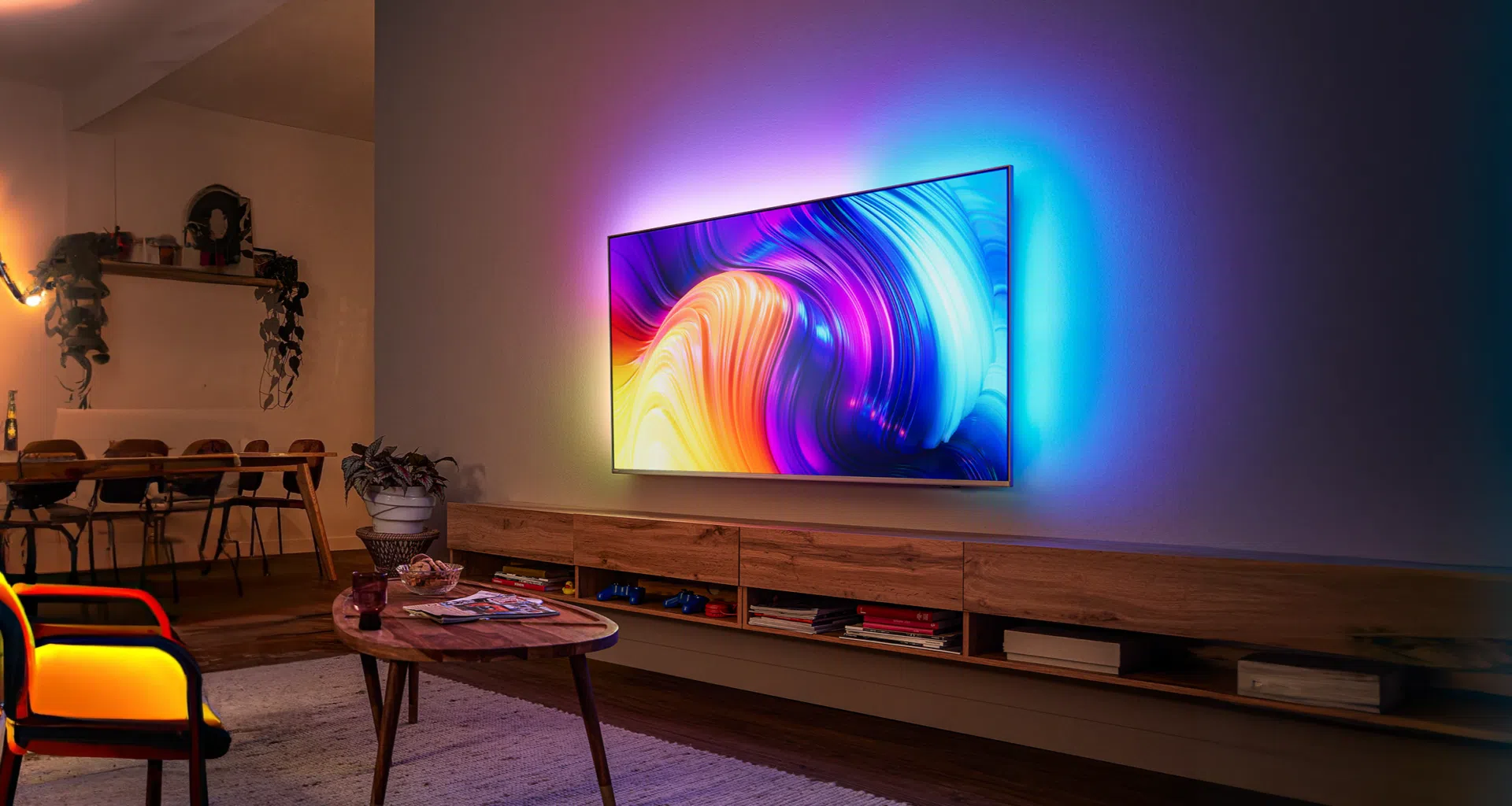 1. Tela de smart tv com iluminação led ambiente para sala moderna.
