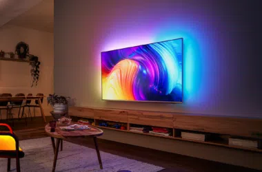 1. Tela de smart tv com iluminação led ambiente para sala moderna.