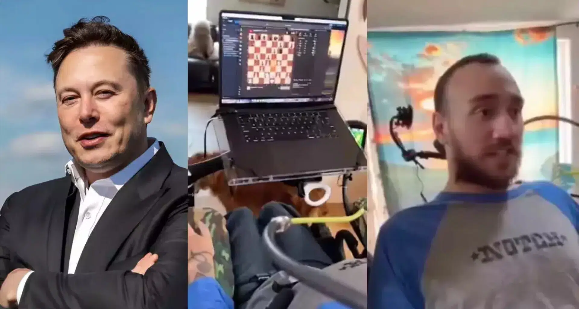 Jogador de xadrez em cenário interno com computador; homem com headset e cenário de jogo virtual; criatividade na rotina de entretenimento em casa.