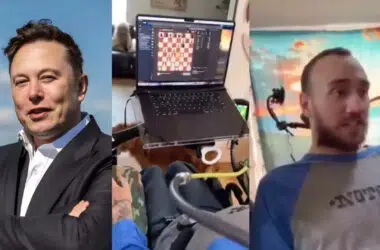 Jogador de xadrez em cenário interno com computador; homem com headset e cenário de jogo virtual; criatividade na rotina de entretenimento em casa.