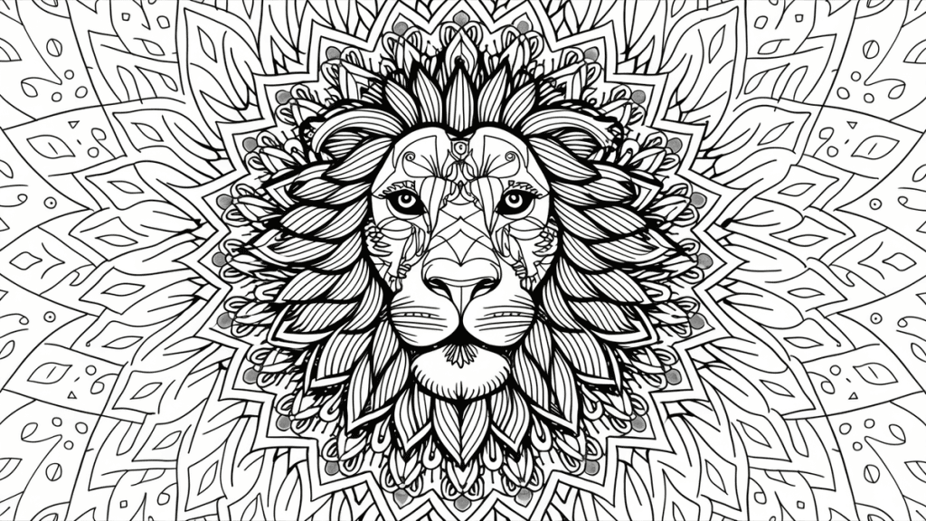Rei leão em estilo mandala para colorir, arte para relaxamento e criatividade, desenho detalhado de um leão com padrões intricados.