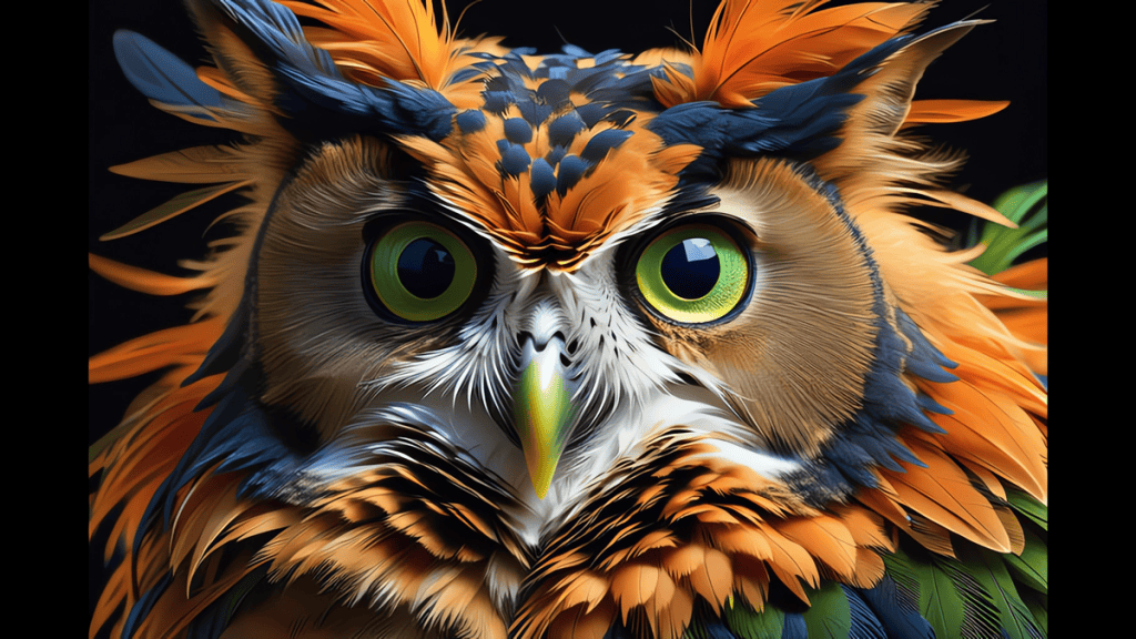 1. Coruja com penas vibrantes e olhos verdes meticulosamente detalhados.
