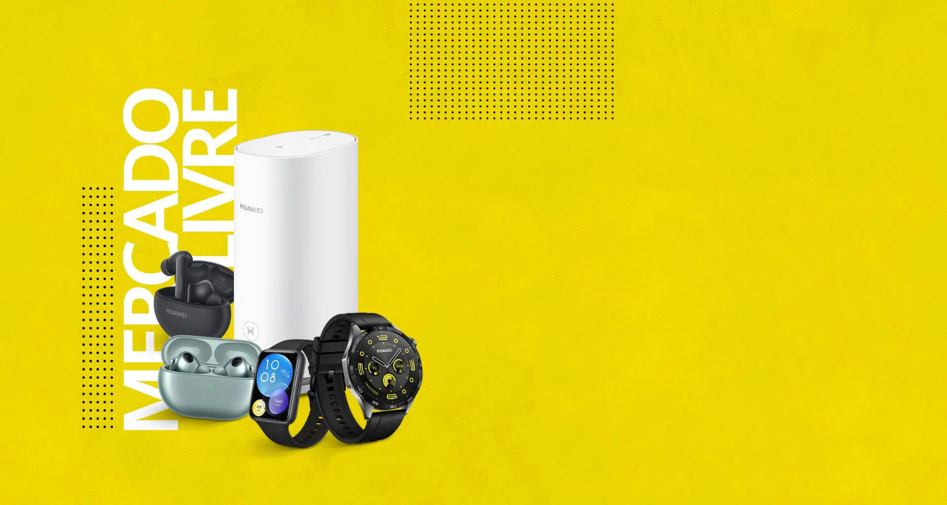 Fones de ouvido, smartwatch, roteador e produto de tecnologia huawei em fundo amarelo vibrante.