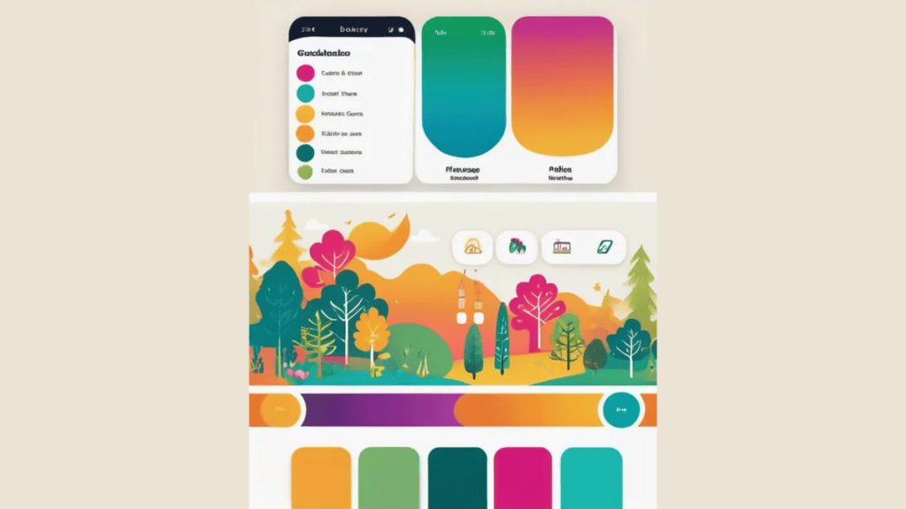 Palette de cores vibrantes para interface de aplicativo móvel com temas e personalizações; design colorido.