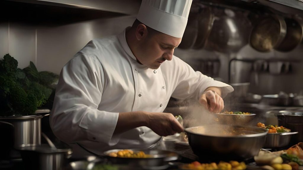 Panela à esquerda com verduras frescas e legumes.