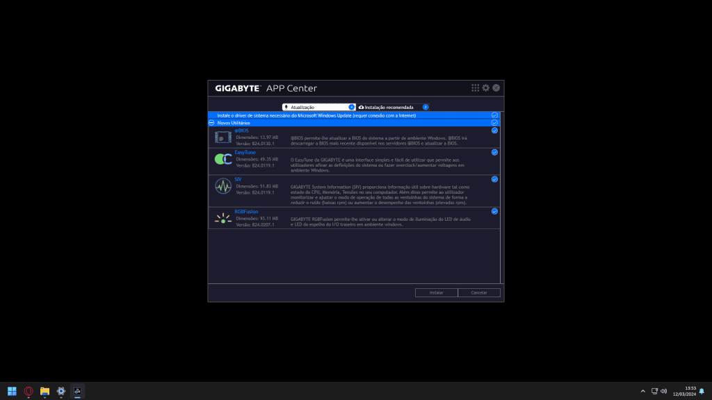 Atualização de drivers e software no gigabyte app center, tecnologia para pcs e componentes.