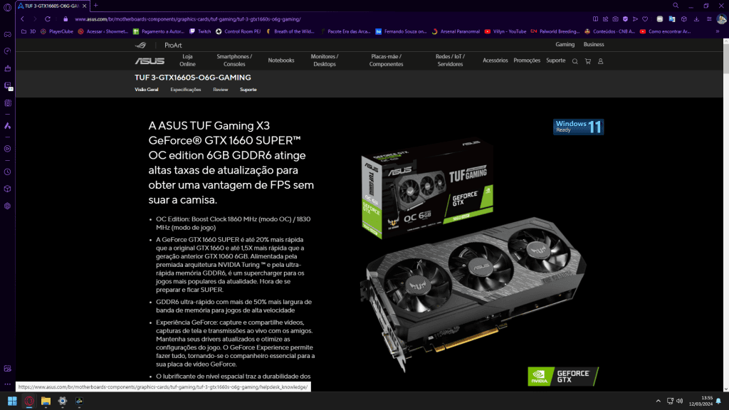 Rtx 1660 super placa de vídeo para jogos, alta performance e tecnologia gddr6.