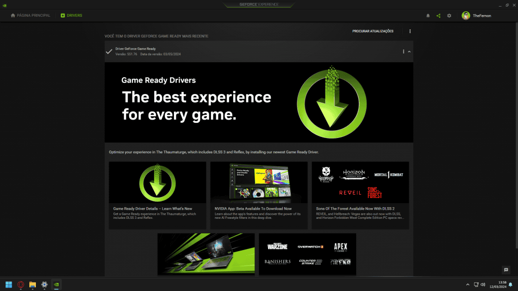 Driver geforce game ready para melhor desempenho em jogos.