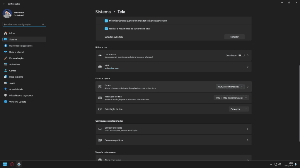 Capa de tela de configurações do windows com opções de brilho, resolução e layout.