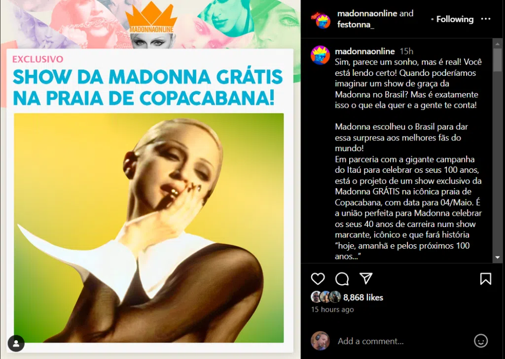 Madonna fará show gratuito em copacabana Postagem de fã site madonna online show de cantora no brasil, previsto para maio de 2024