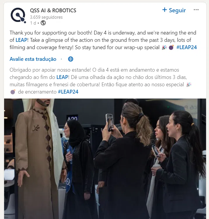 Vídeo com robô saudita tocando repórter de forma inadequada viraliza e provoca indignação Postagem da qss systems no linkedin sobre robô saudita