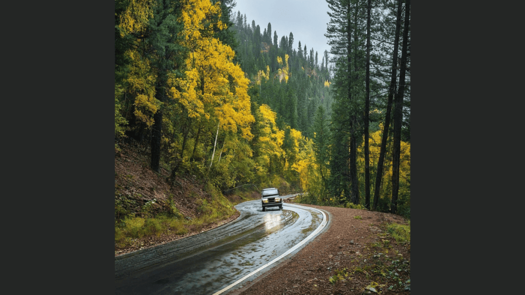 Direção na estrada rodeada de árvores em clima chuvoso, cenário natural de floresta.