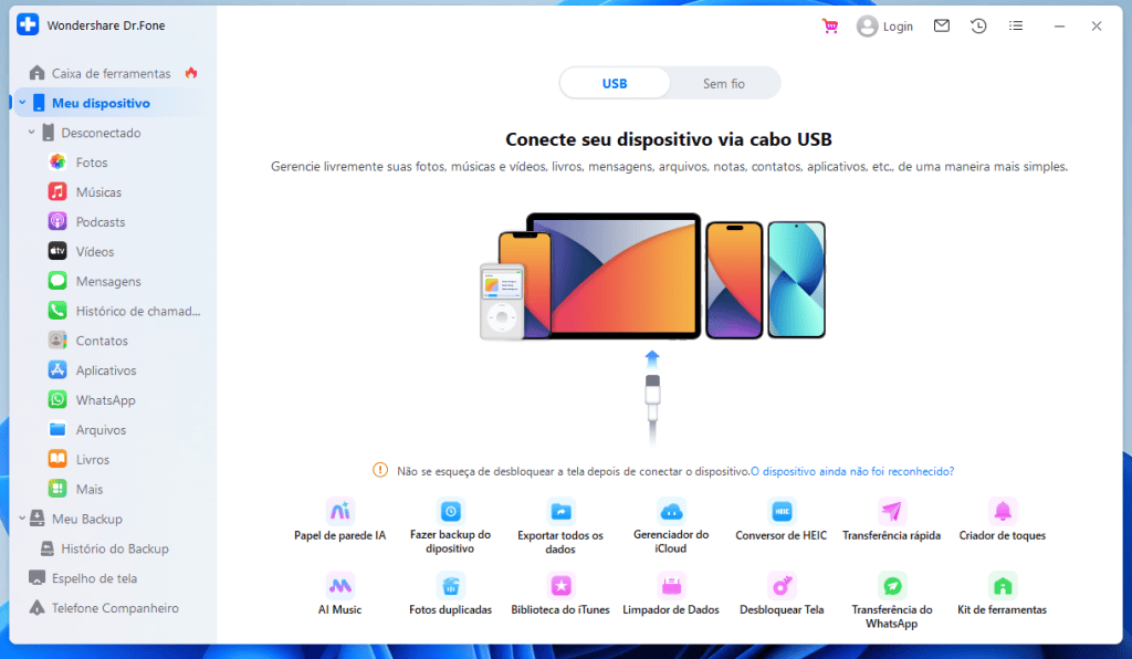 Wondershare доктор. Fone — это инструмент «все в одном» для вашего мобильного телефона. Третий шаг: подключите свой мобильный телефон через кабель или Wi-Fi. Изображение: Лукас Гомес, SMT