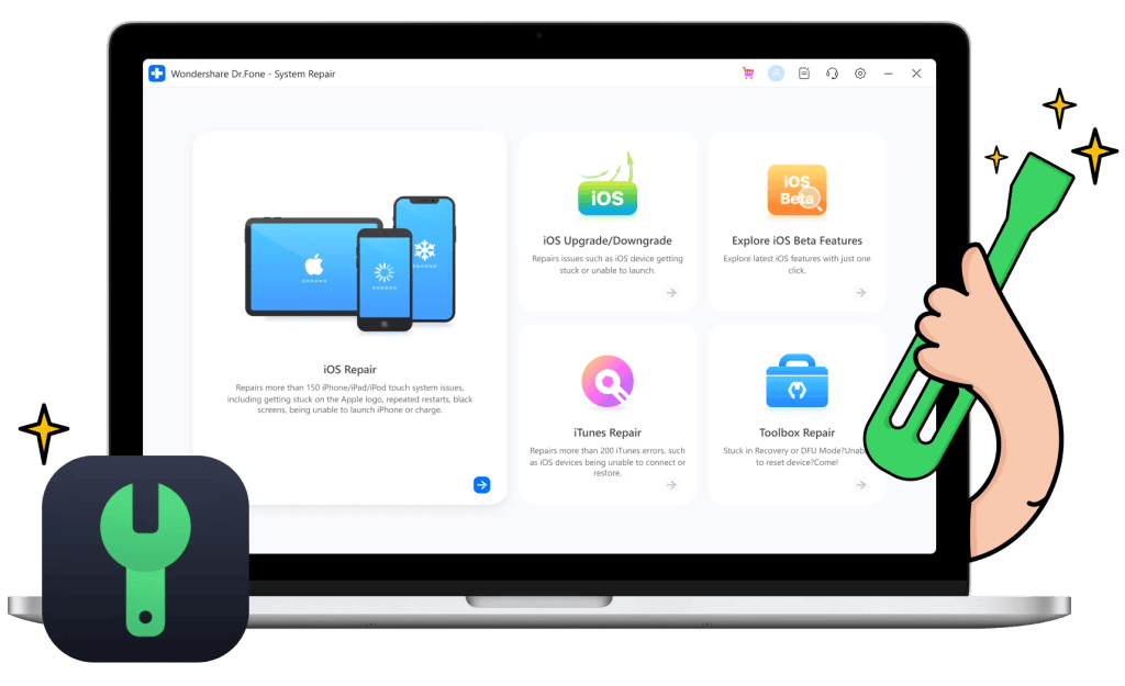 Wondershare доктор. Fone — это инструмент «все в одном» для вашего мобильного телефона. Если система вашего мобильного телефона зависает, воспользуйтесь приложением, чтобы отрегулировать ее. Изображение: Wondershare