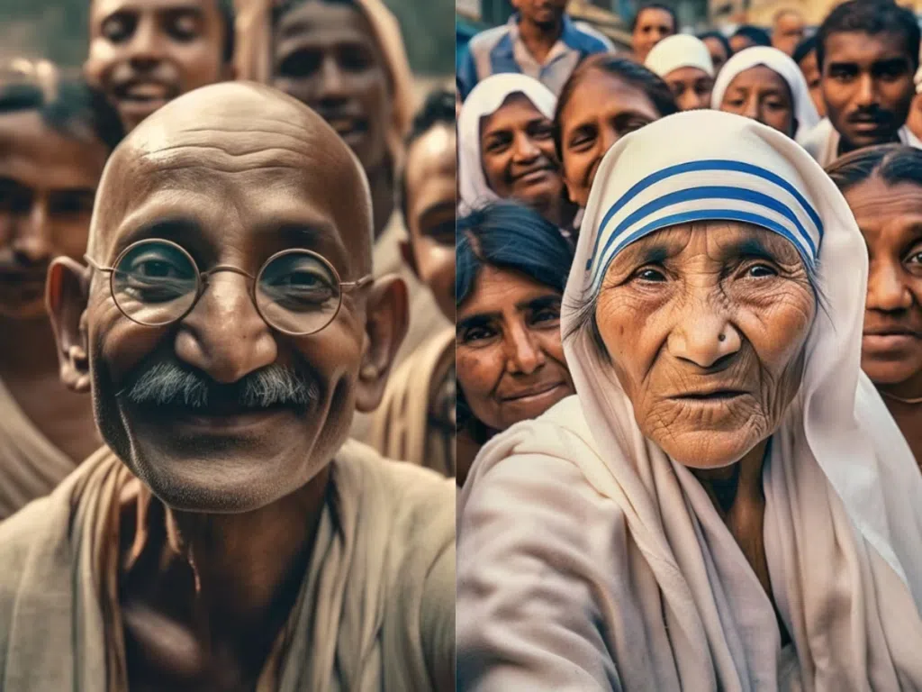 Seorang pria lanjut usia berkacamata yang tersenyum, dikelilingi oleh orang-orang bahagia dalam suasana solidaritas dan harapan.