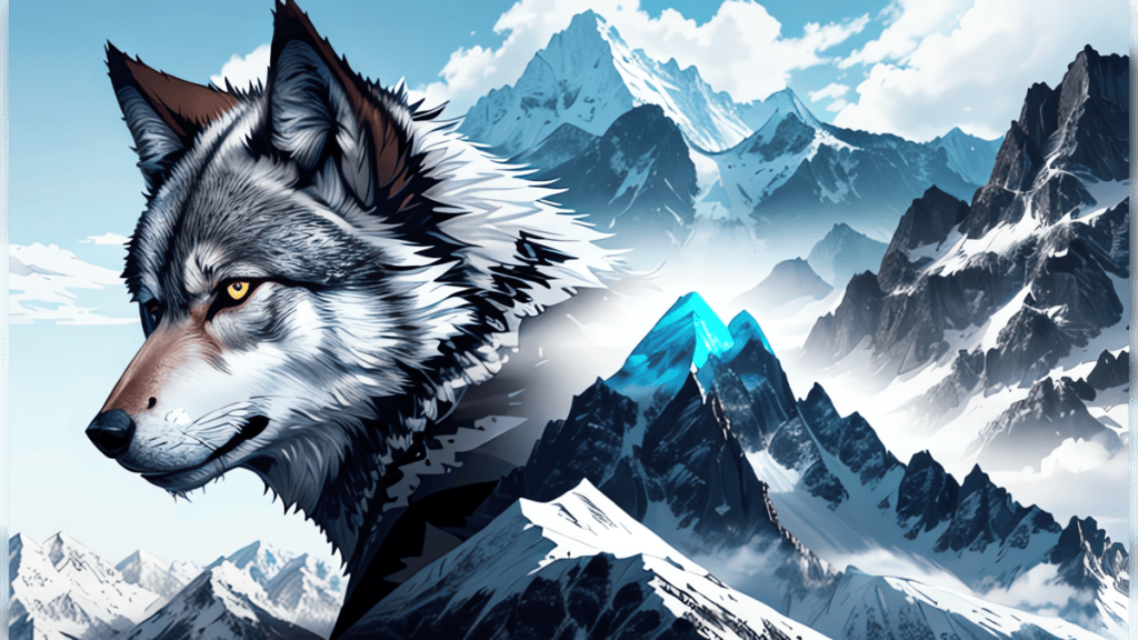 Lobo estilizado em montanhas nevadas com paisagem alpina ao fundo, arte digital moderna e detalhada.