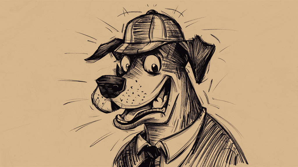 Cachorro desenhado em estilo sketch, usando chapéu e roupa elegante, com expressão feliz.