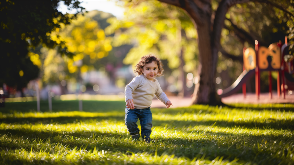 Prompt : "Retrato de uma criança brincando em um parque, utilizando iluminação natural e expressões espontâneas." - Criado no Ideogram AI