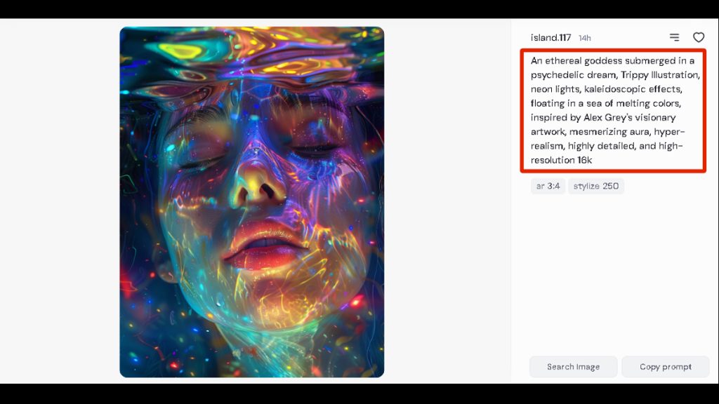 1. Rostro de deusa etérea mergulhada em sonho psicodélico com luzes neon e cores melting.