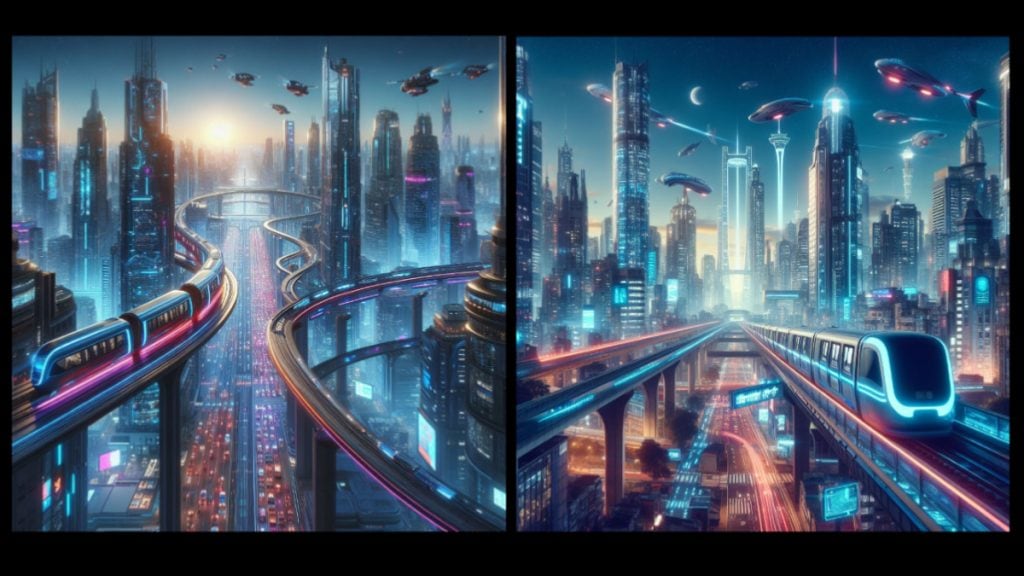 1. Cidades futuristas com transporte avançado e edifícios iluminados em um ambiente sci-fi.