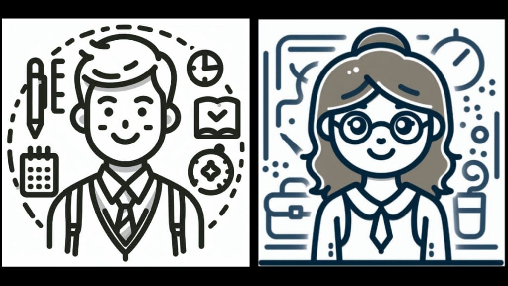 Estudante com materiais de estudo e relógio, representando organização e rotina de estudos.