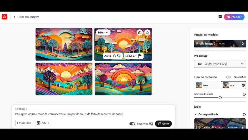 Cenário onírico colorido com árvores, pôr do sol vibrante e detalhes em papel recortado.