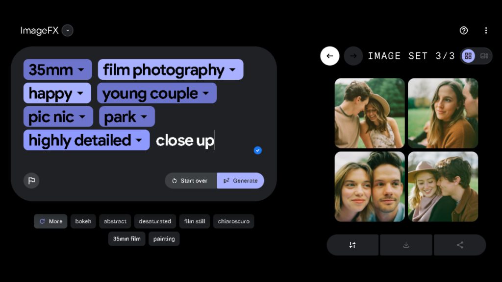 Amor jovem em parque com fotos close-up de casal feliz, estilo filmagem fotográfica 35mm.