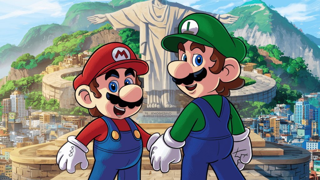 Mario e luigi em frente ao cristo redentor no rio de janeiro, destacado pela animação em estilo de jogos clássicos.