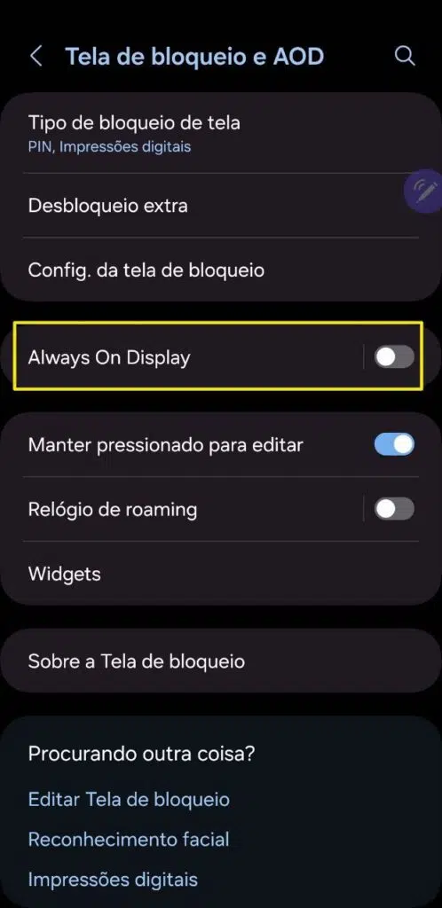 Configuração de tela de bloqueio e always on display em smartphones.