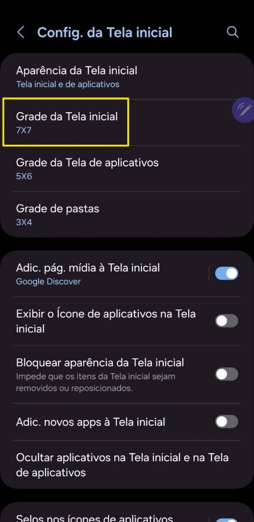 7x7 grade da tela inicial para configurações de personalização no android.
