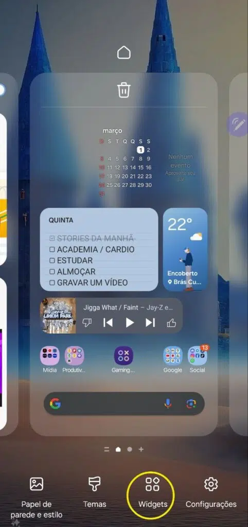 Controle de calendário de março com previsão de clima, músicas e widgets interativos no smartphone.