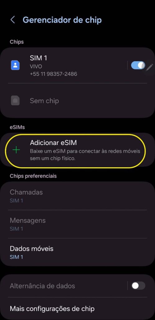 Colocando esim no galaxy s24