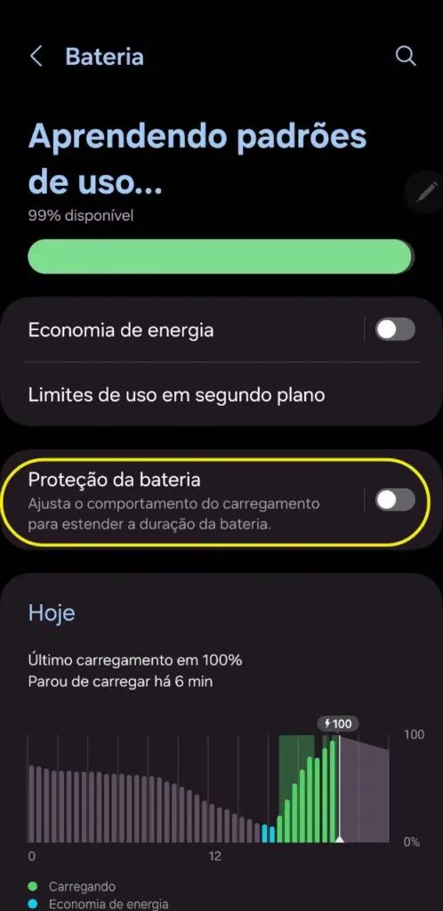 Ativando a proteção de bateria do galaxy s24