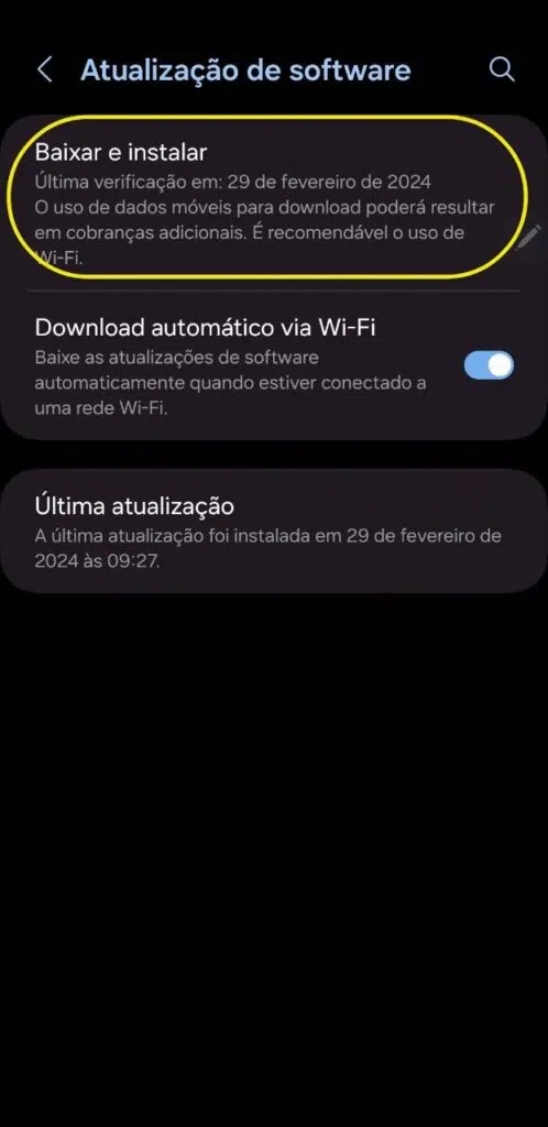 Atualização do sistema nos galaxy s24