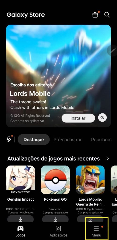 Atualizar apps da galaxy store