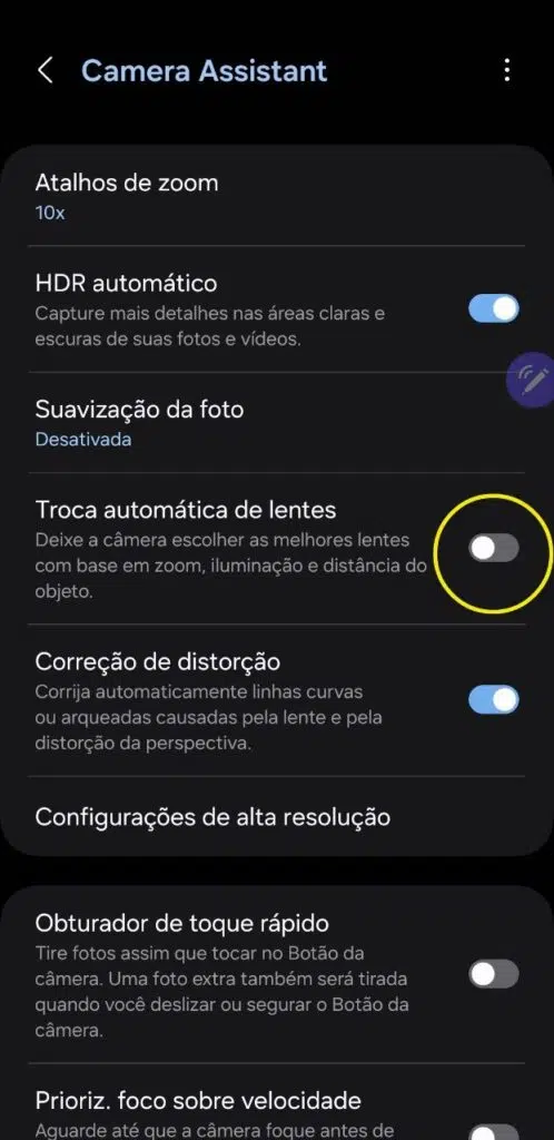 Troca automática de lentes no galaxy s24