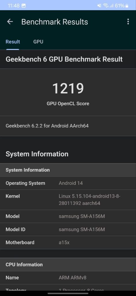 Resultado do Geekbench 5 de GPU do Galaxy A15 5G
