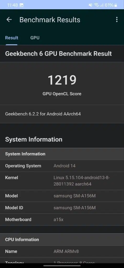 Review: galaxy a15 5g, mais uma boa opção nos intermediários Resultado do geekbench 5 de gpu do galaxy a15 5g
