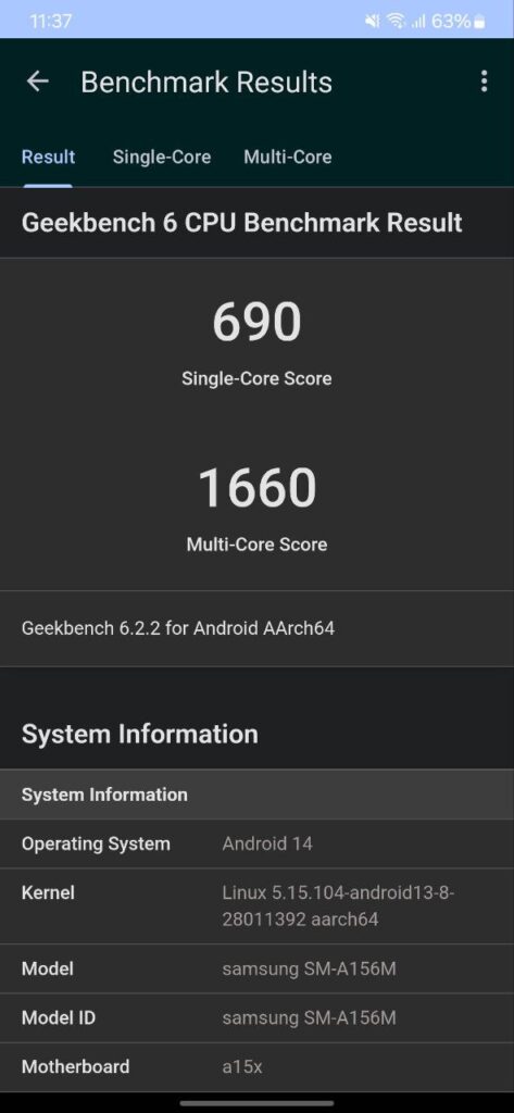 Resultado do Geekbench 5 de CPU do Galaxy A15 5G