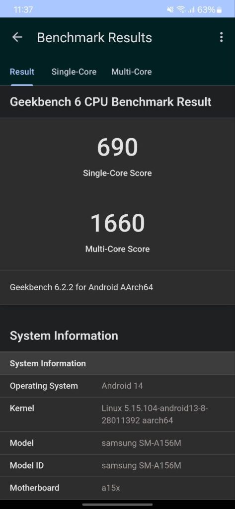 Обзор: Galaxy A15 5G, еще один хороший вариант среднего класса Galaxy A5 15G CPU: результат Geekbench 5