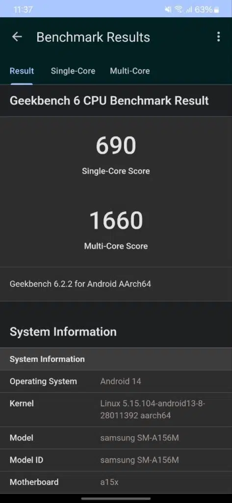 Review: galaxy a15 5g, mais uma boa opção nos intermediários Resultado do geekbench 5 de cpu do galaxy a15 5g