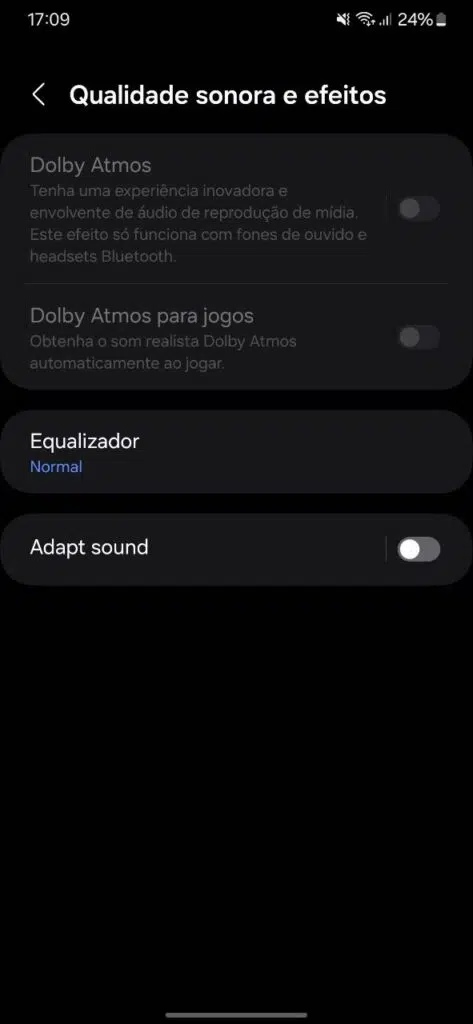 Review: galaxy a15 5g, mais uma boa opção nos intermediários Menu de configuração sonora do galaxy a15 5g