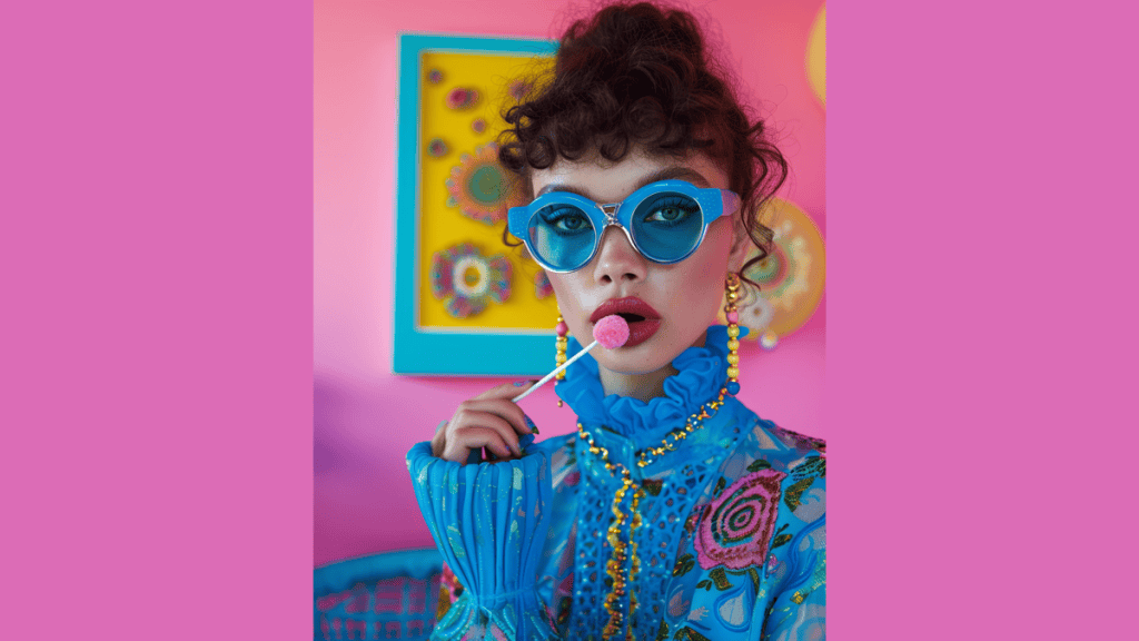 Pelúcia de menina com óculos azul, brincando na decoração colorida, estilo moderno e divertido.