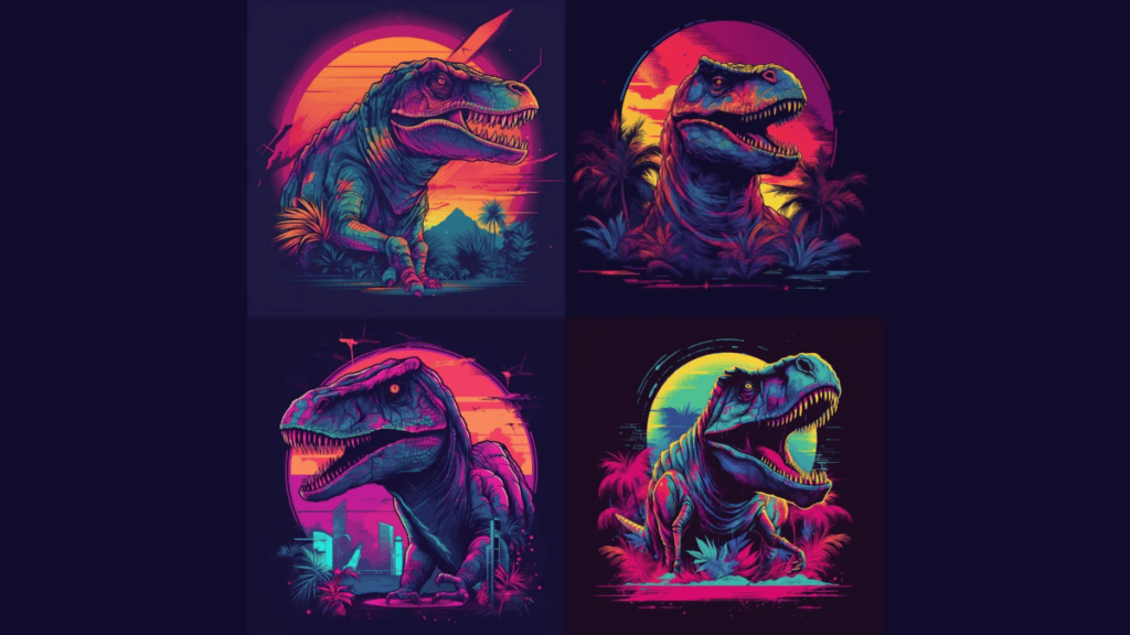 T-rex em estilo neon com fundo de pôr do sol e paisagens tropicais, tema retrô futurista.