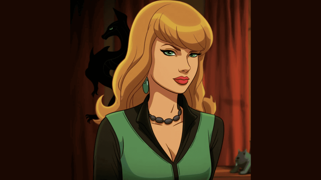 Sophia, mulher de estilo rock e atitude, no ambiente do showmetech com elementos tecnológicos e animais de estimação ao fundo.