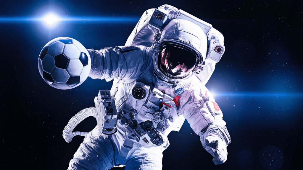 Astronauta no espaço com futebol, tecnologia espacial, exploração e inovação científica.