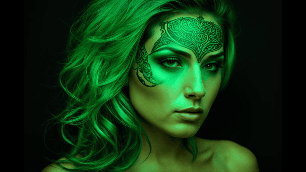 Mulher com cabelo verde e maquiagem artística de tatuagem facial verde luminosa.