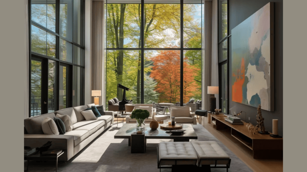 Moderno ambiente residencial com grandes janelas e vista para natureza outonal.